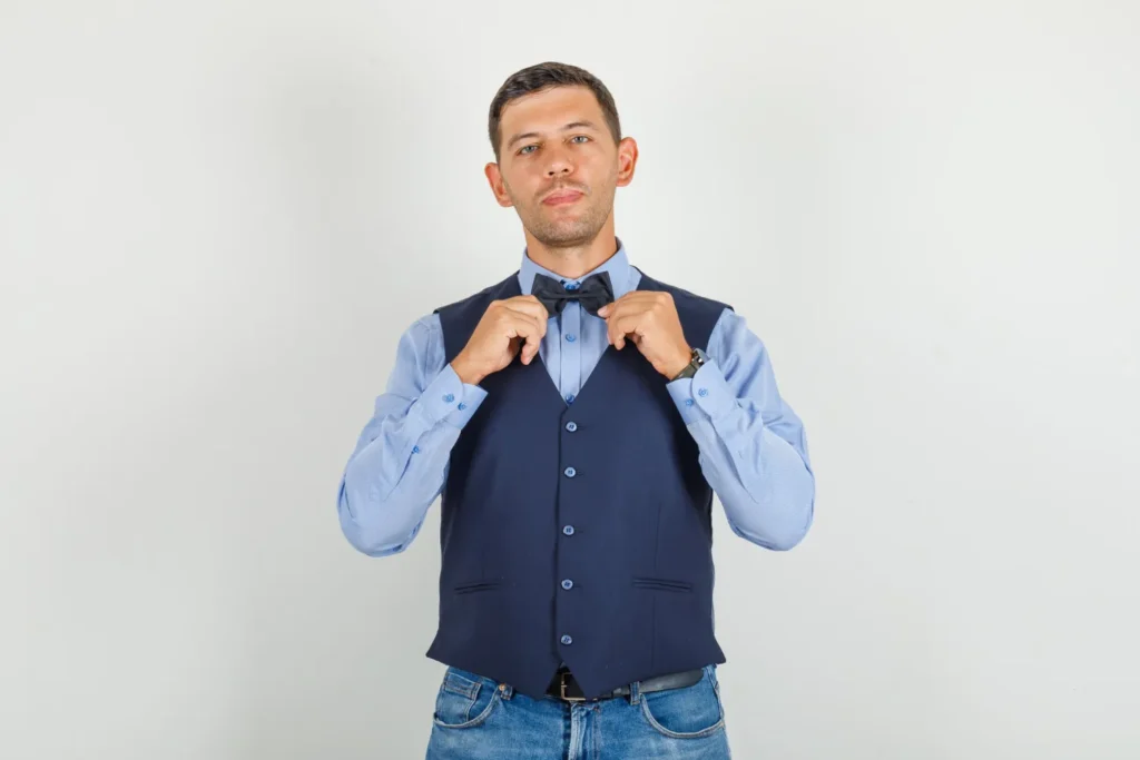 Hombre joven en traje, jeans posando sosteniendo pajarita